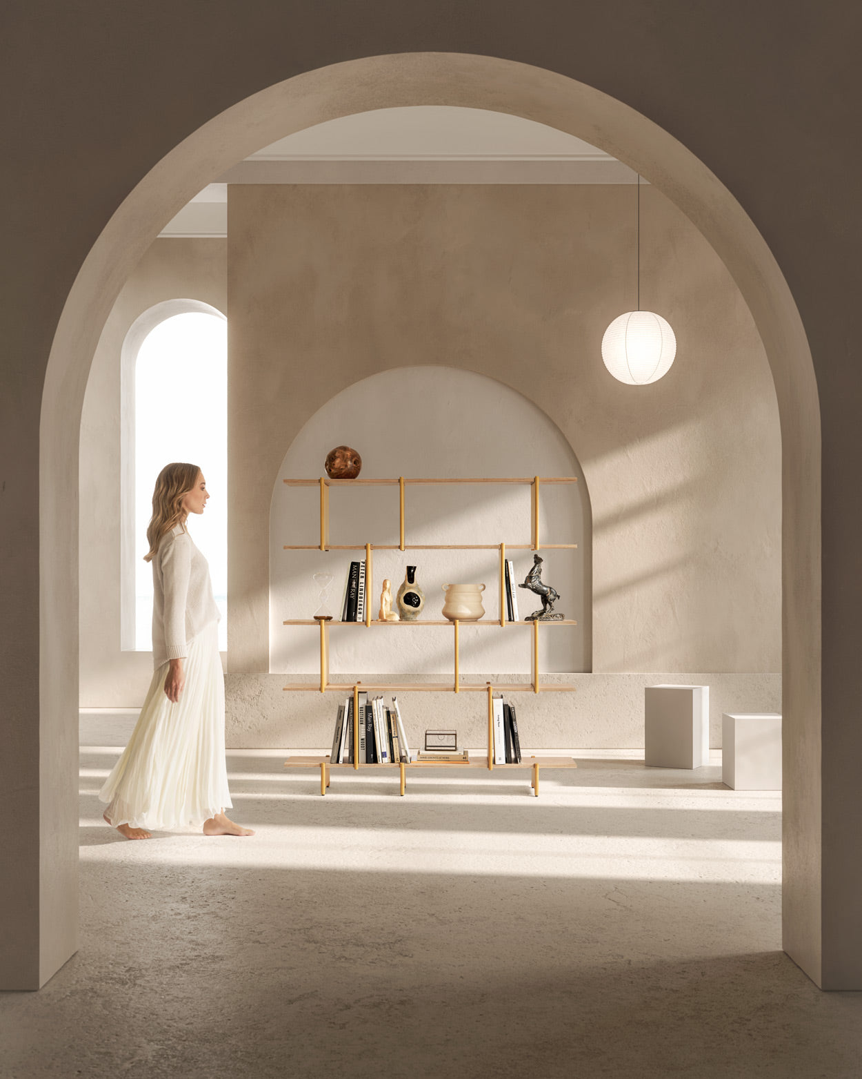 Libreria step di Bravate Artigiane, realizzata in materiale riciclato valchromat colore giallo e legno multistrato di Ozigo naturale.
