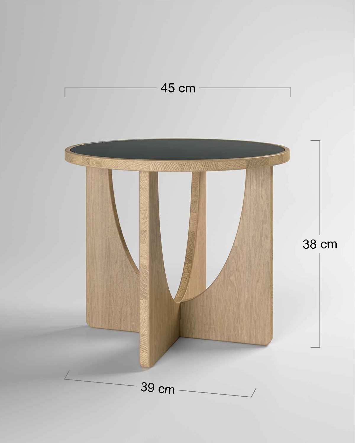 Disegno quotato del tavolino Arco di Bravate Artigiane. Alto 38 cm, largo 39 cm con un piano circolare dal diametro di 45 cm