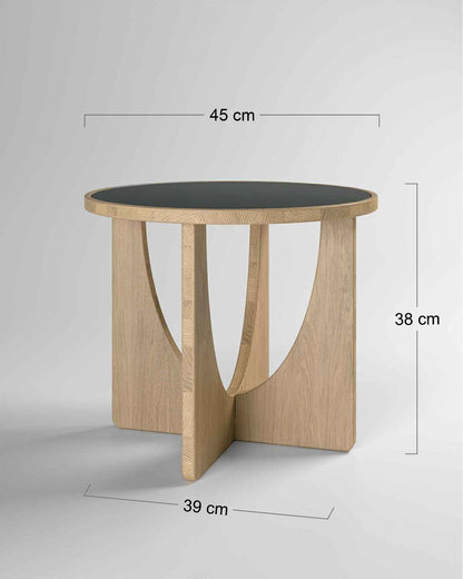 Disegno quotato del tavolino Arco di Bravate Artigiane. Alto 38 cm, largo 39 cm con un piano circolare dal diametro di 45 cm